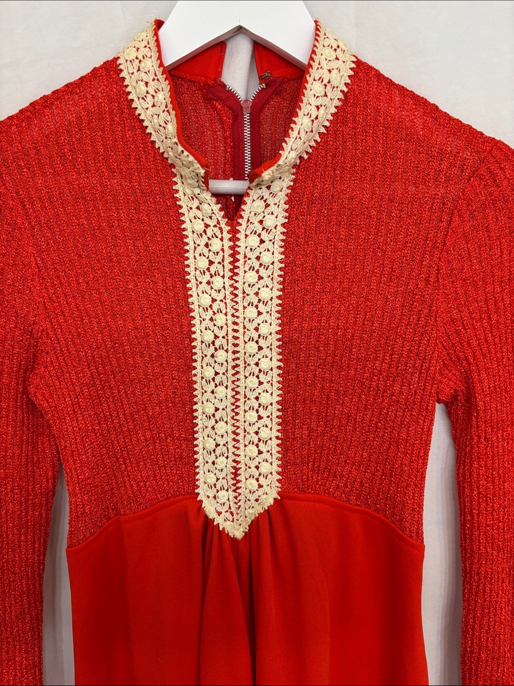 Vintage 1970s Red Maxi Dress with Crochet Trim - Picture 2 of 13